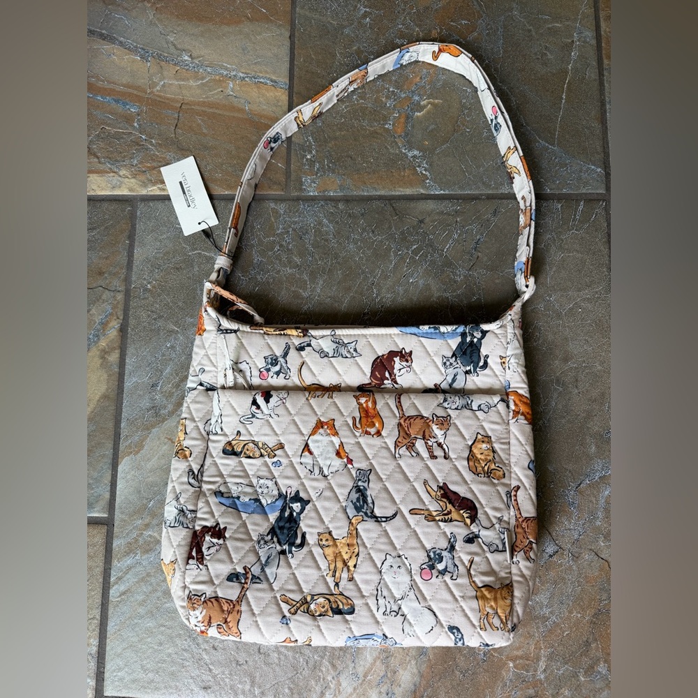 Vera Bradley Cat Print Quilted Shoulder Bag in Cream, Brown, Blue